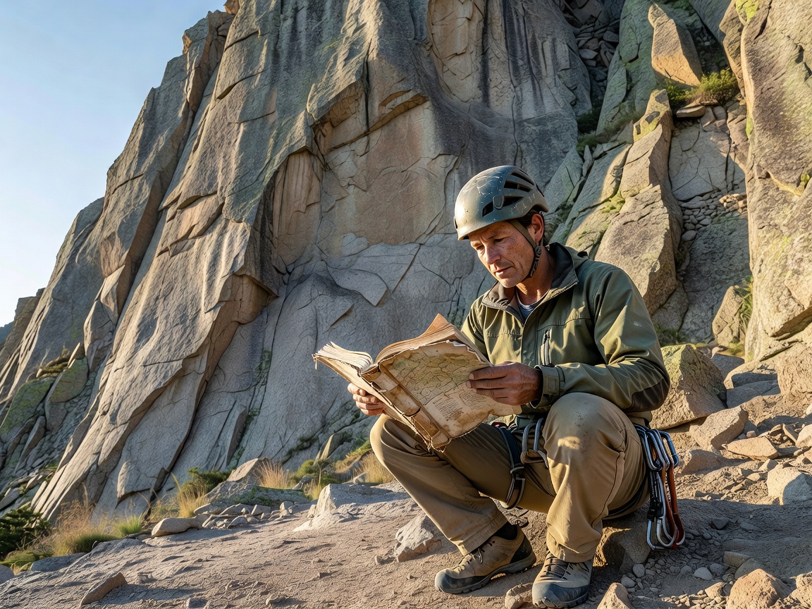 A climber consulting a guidebook at the base of a cliff