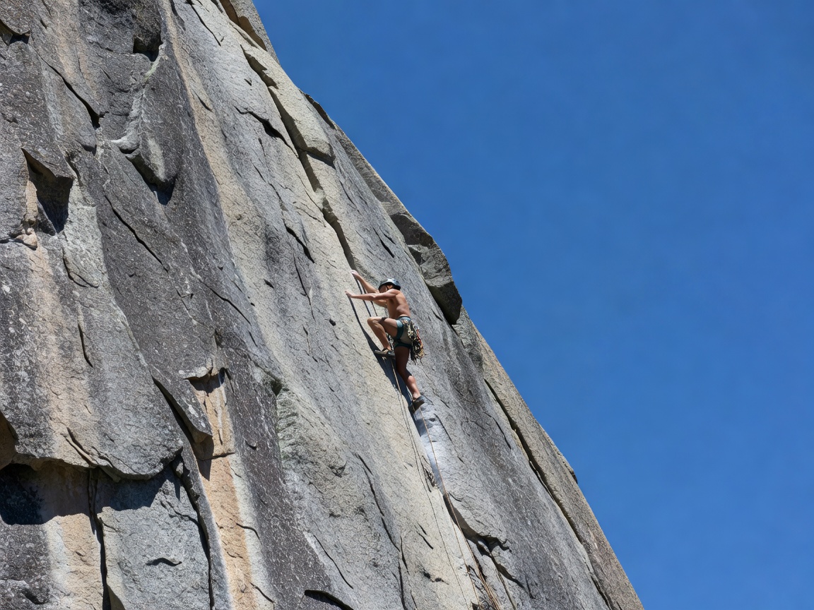 A climber scaling a steep vertical rock face under a clear sky