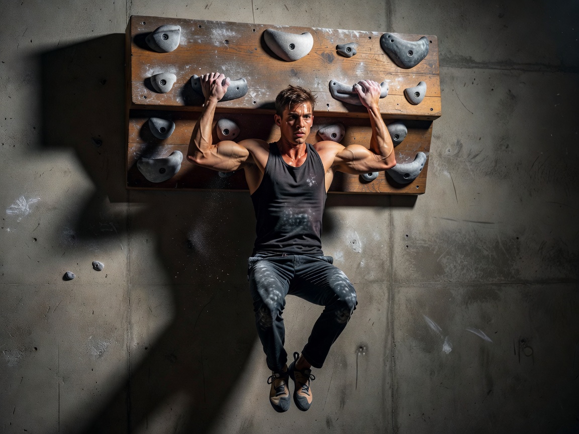 Climber hanging from a wooden hangboard doing pull-ups