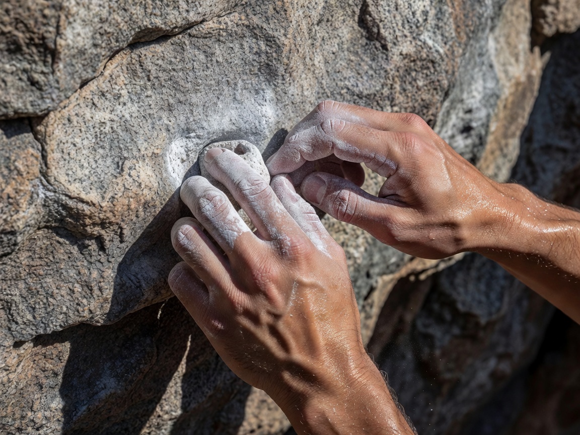 Close up of a climber's chalked hands gripping a small crimp hold on a rock wall