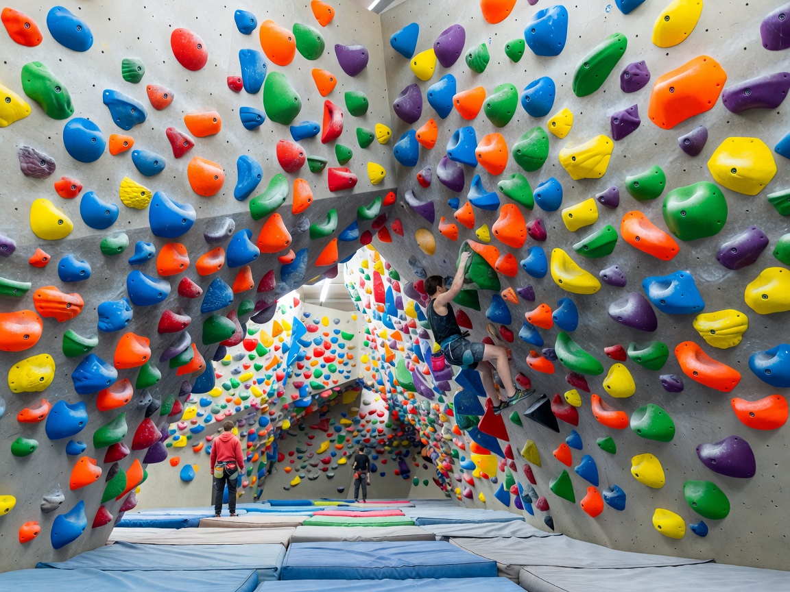 Indoor bouldering wall showing colorful holds