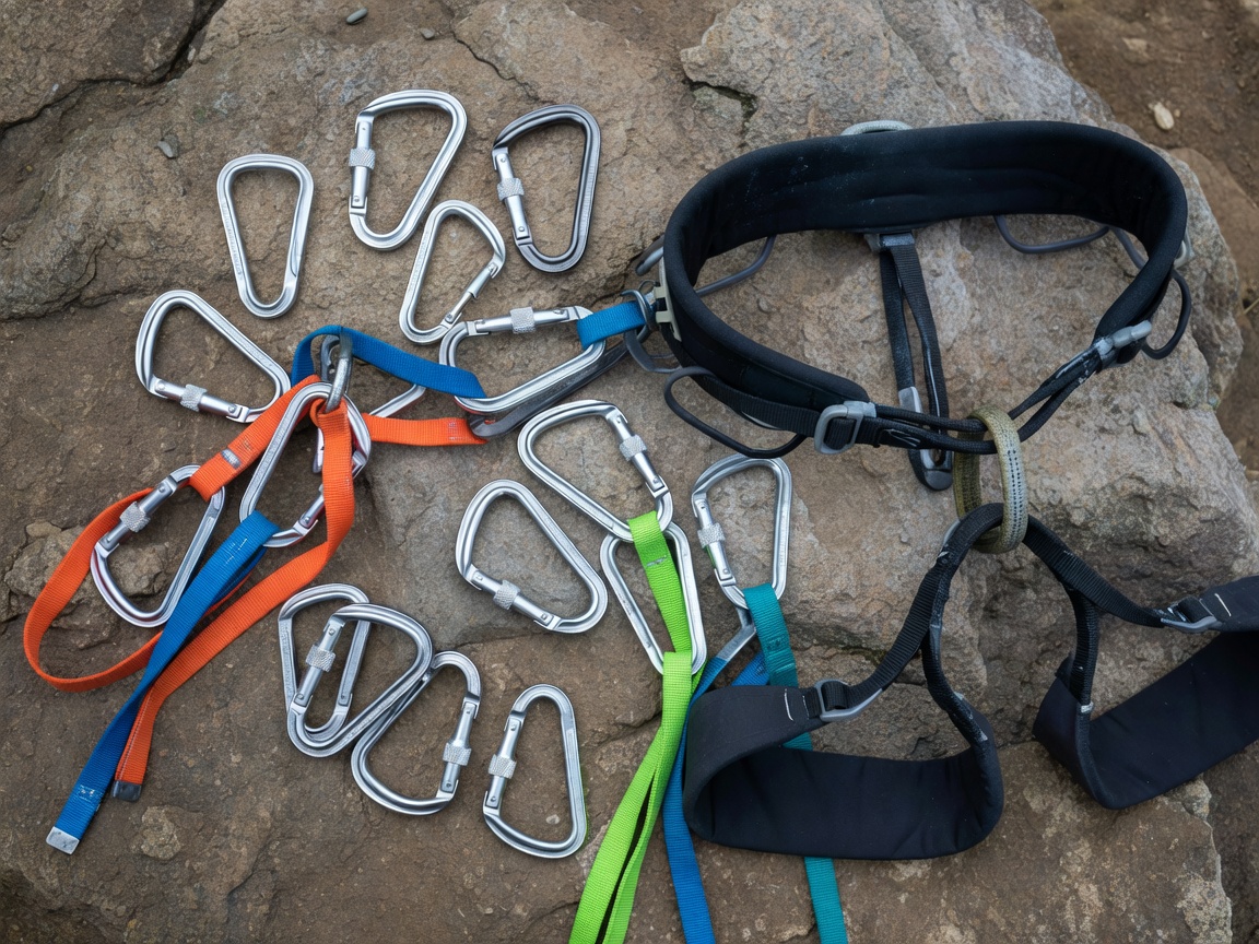 Various climbing hardware including carabiners, quickdraws, and a harness laid out on the ground
