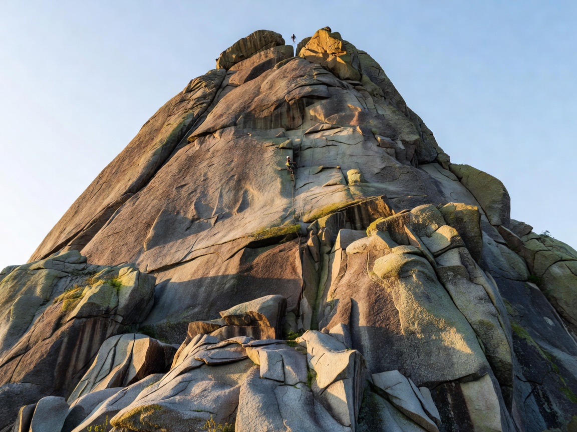 View looking up at a massive natural rock formation with climber visible in the distance